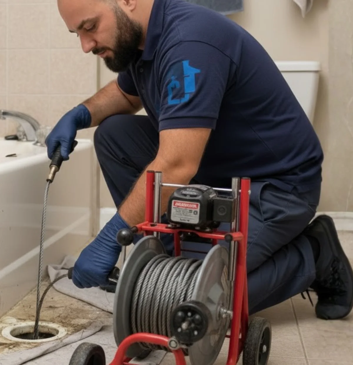 Andy's Plumbing technician clearing a bathtub drain in Los Angeles